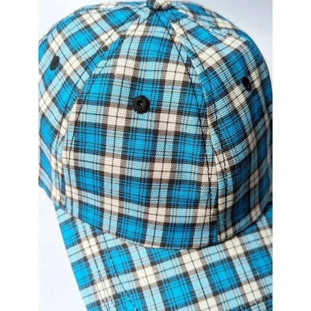 Ganni Unisex Cotton Canvas Baseball Cap Check Azure Blue (MSRP $95)